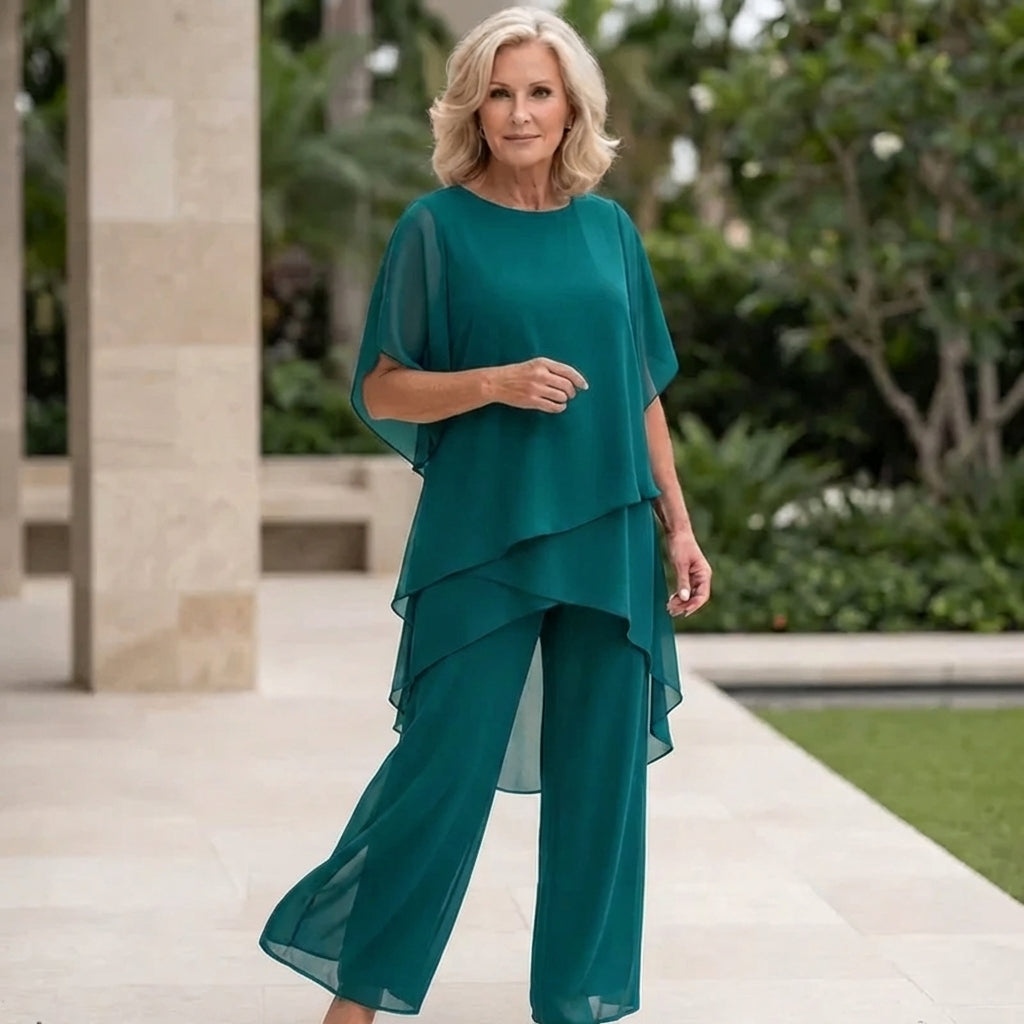 Aine Two Piece Set with Draped Top and Matching Bottoms - Turquoise