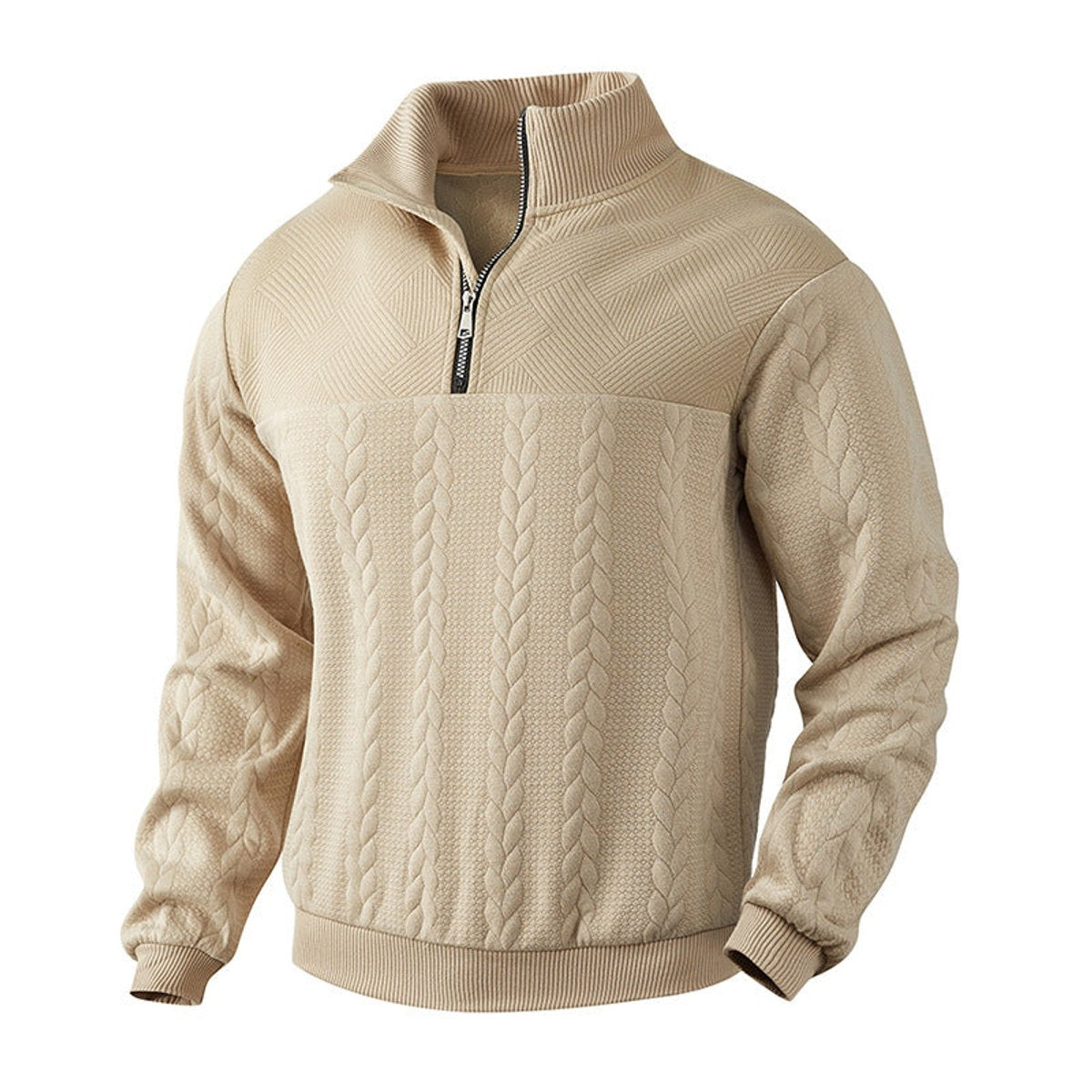 Alex Men's Quarter Zip Sweater with Stand Collar - Beige