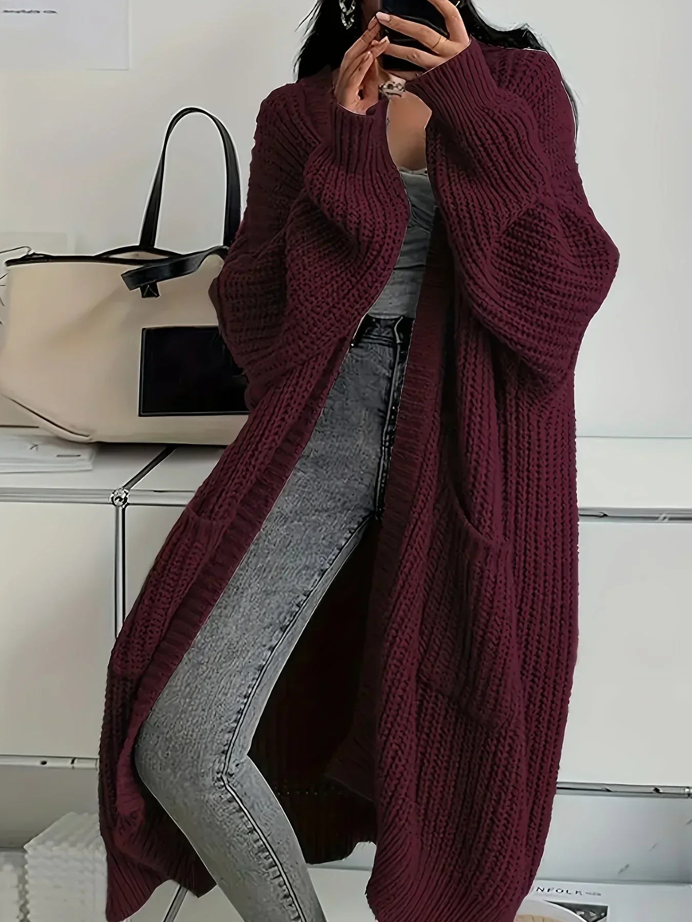 Allie Longline Cardigan with Open Front and Side Pockets - Crimson