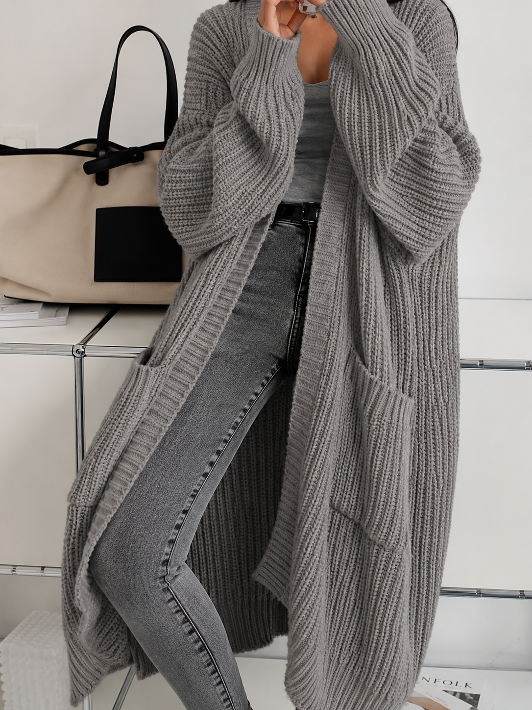 Allie Longline Cardigan with Open Front and Side Pockets - Gray