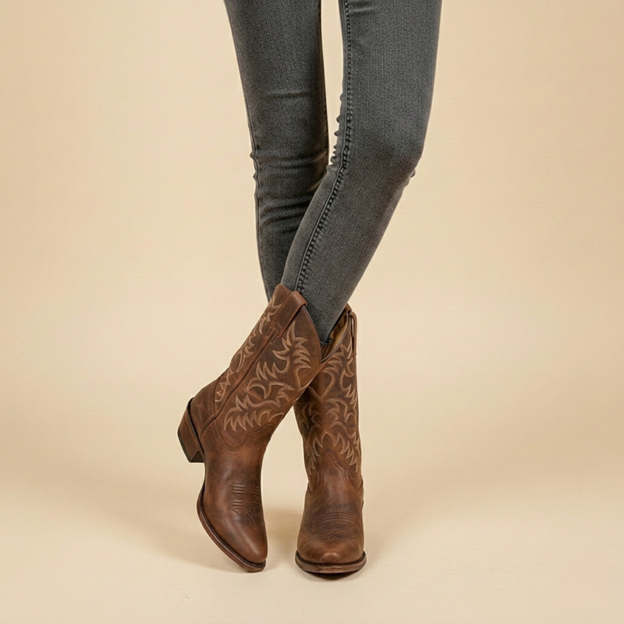 Alona Classic Cowboy Boots with Stitched Shaft - Brown
