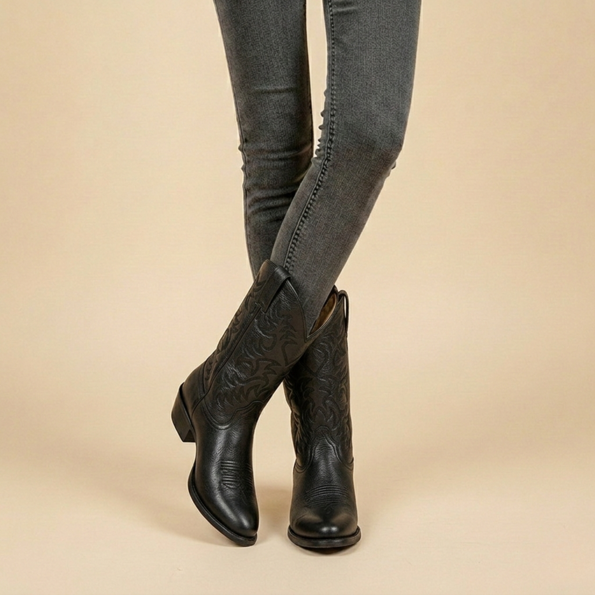 Alona Classic Cowboy Boots with Stitched Shaft - Black