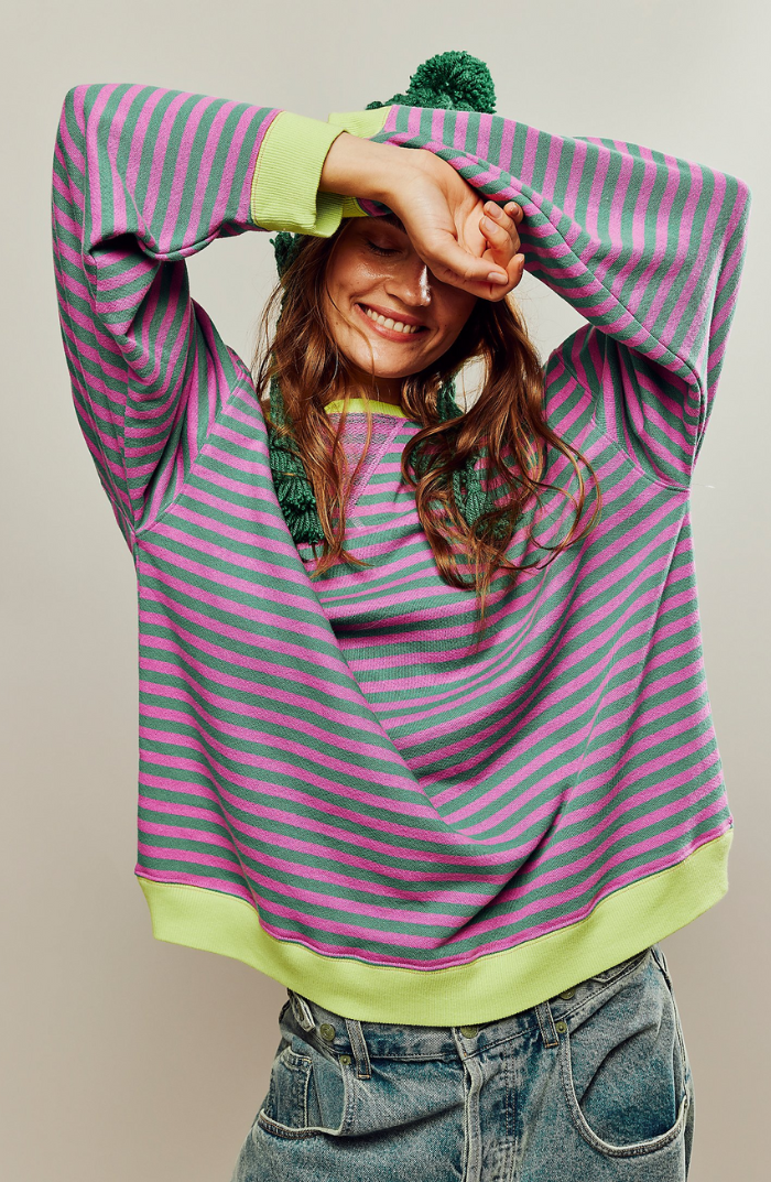 Amelia Oversized Striped Sweater with Wide Neckline - Green Pink