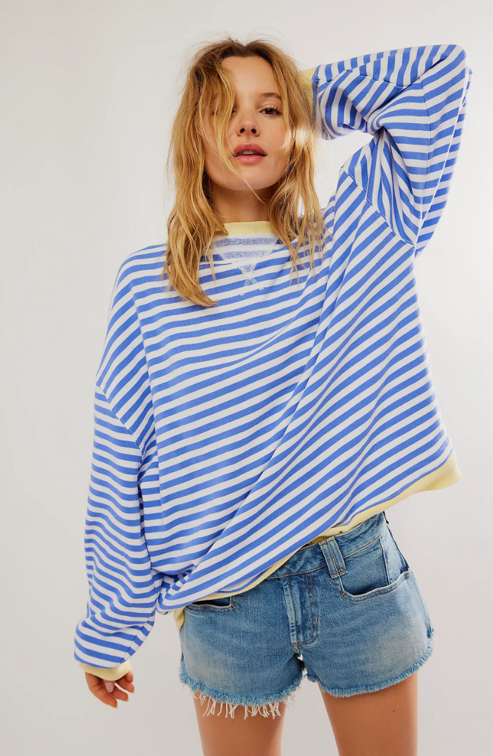 Amelia Oversized Striped Sweater with Wide Neckline - Sky Blue