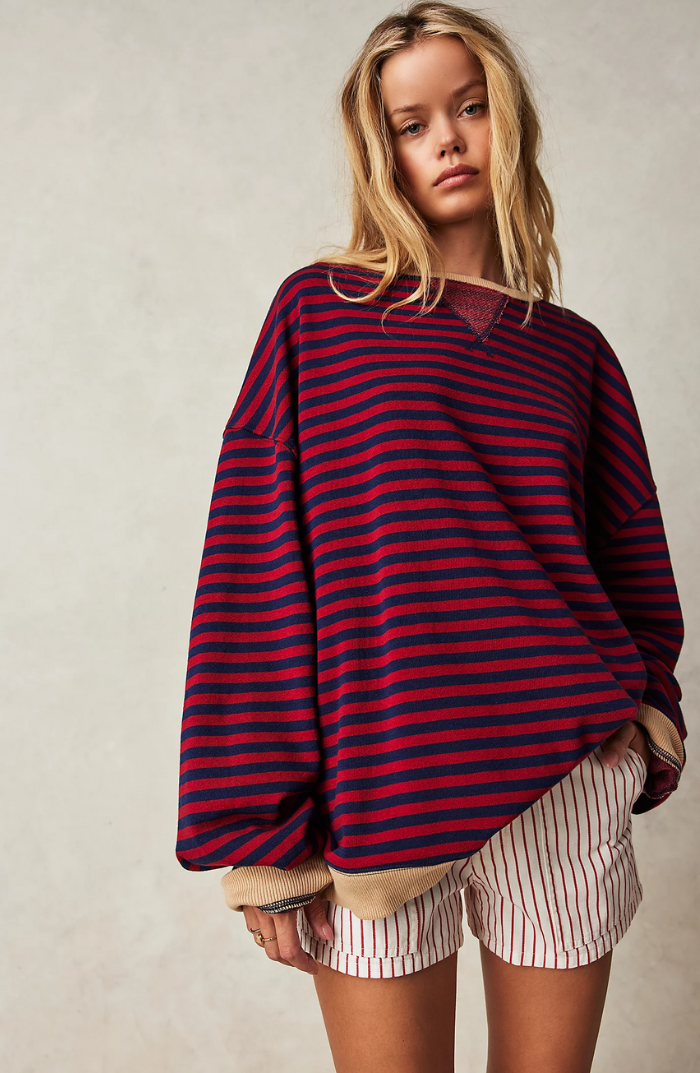 Amelia Oversized Striped Sweater with Wide Neckline - Black Red