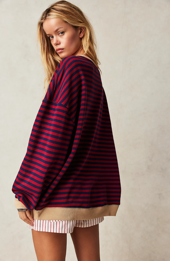 Amelia Oversized Striped Sweater with Wide Neckline - Black Red