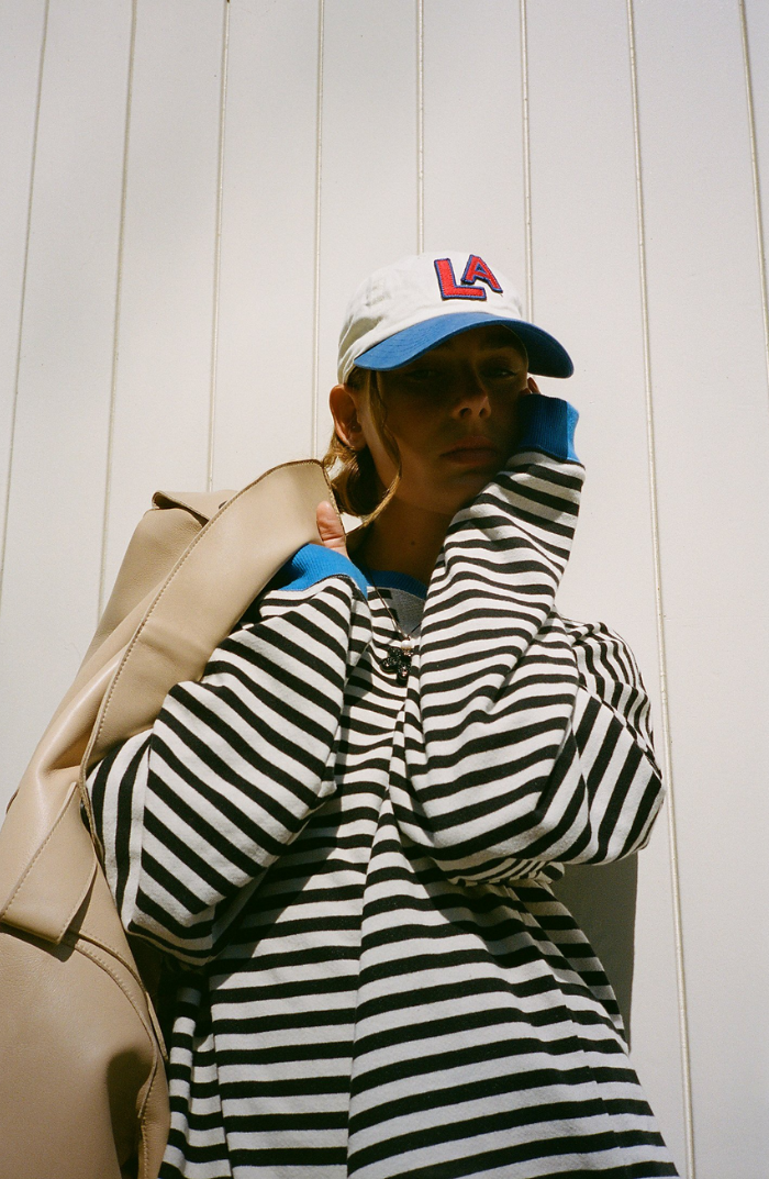 Amelia Oversized Striped Sweater with Wide Neckline - Blue Black