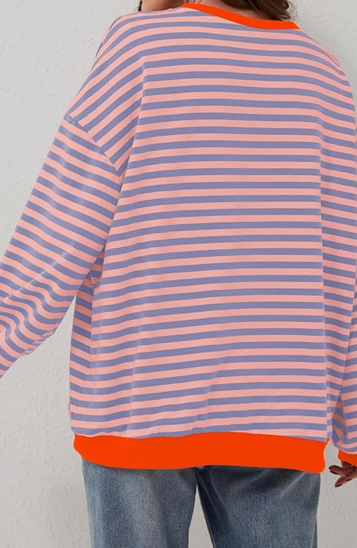 Amelia Oversized Striped Sweater with Wide Neckline - Orange Striped