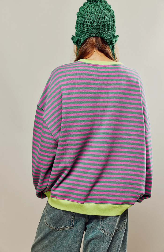 Amelia Oversized Striped Sweater with Wide Neckline - Green Pink