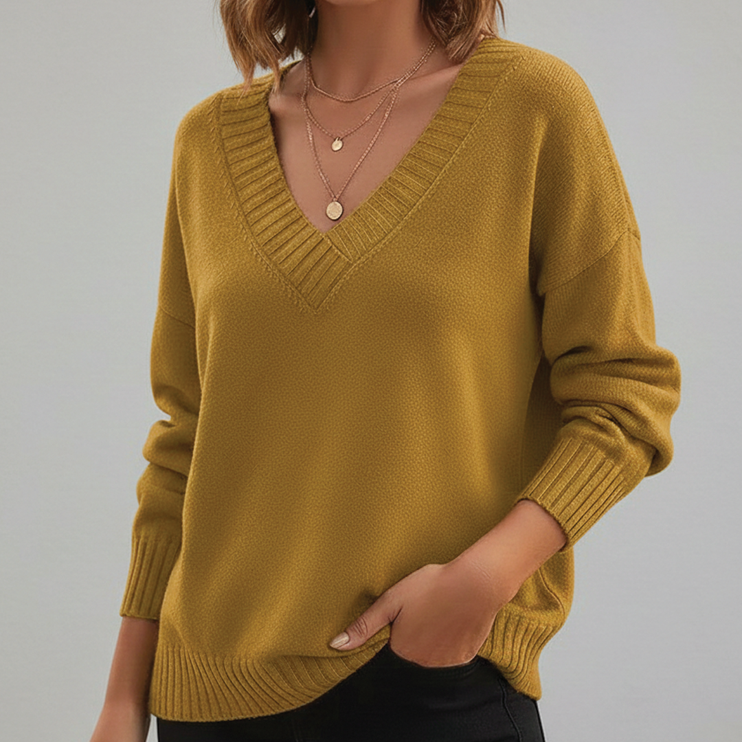 Amerie V-Neck Sweater with Ribbed Trim and Straight Body - Ginger