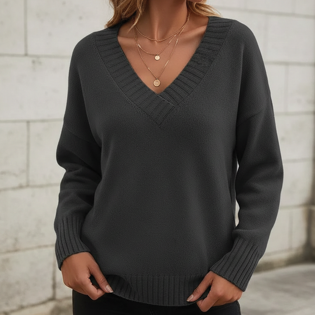 Amerie V-Neck Sweater with Ribbed Trim and Straight Body - Dark Gray