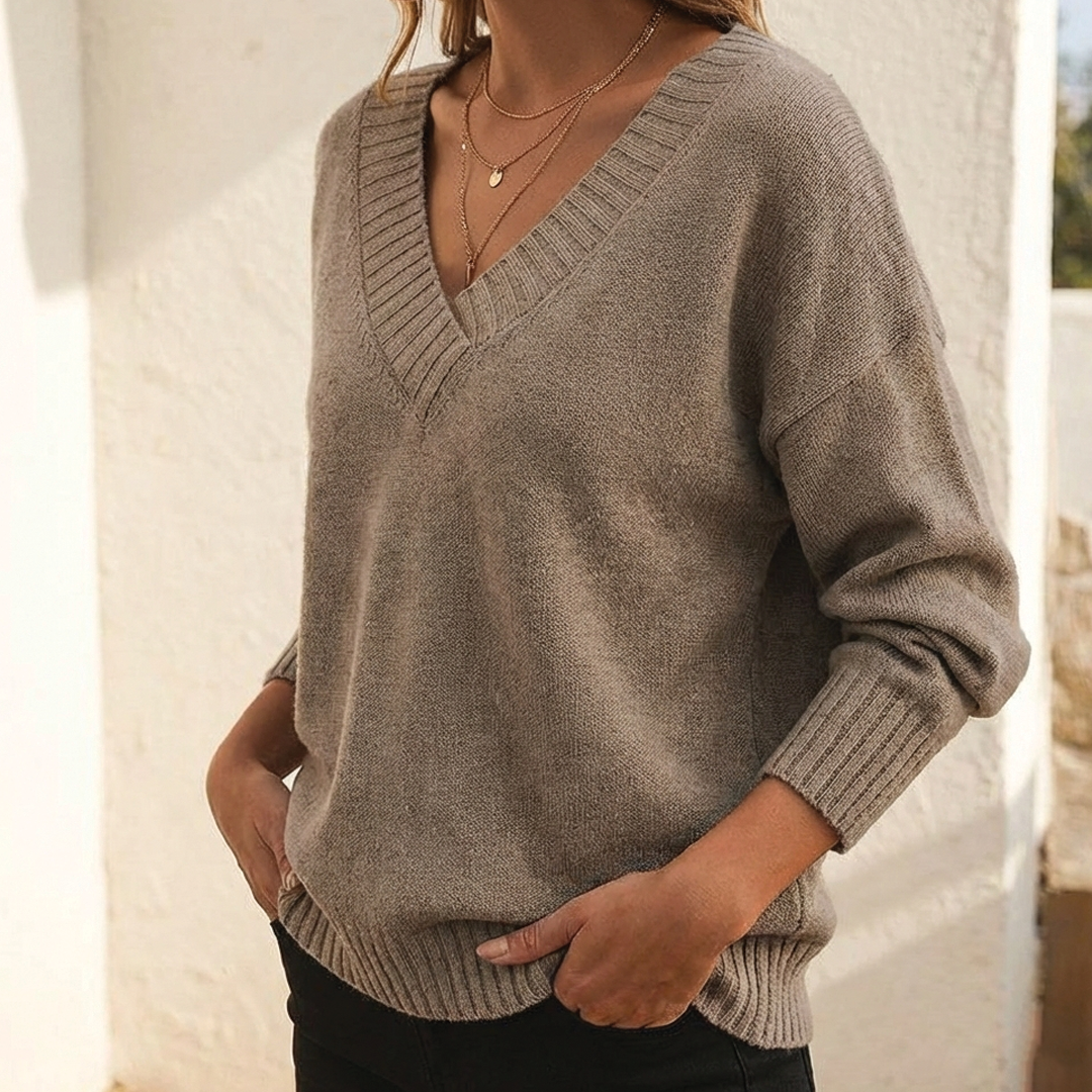 Amerie V-Neck Sweater with Ribbed Trim and Straight Body - Brown