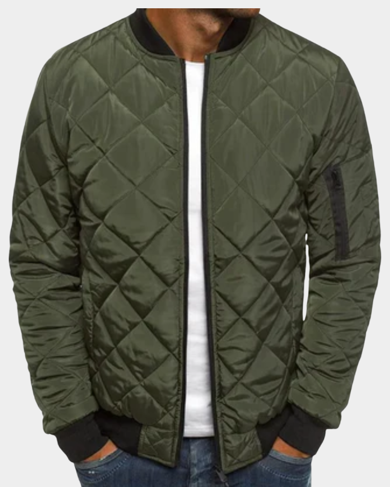 Andrei Men's Quilted Bomber Jacket with Ribbed Trim - Army Green