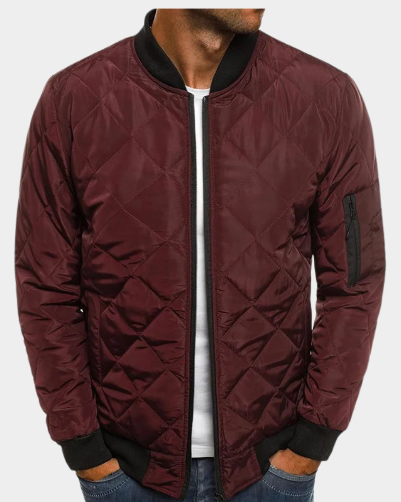 Andrei Men's Quilted Bomber Jacket with Ribbed Trim - Burgundy