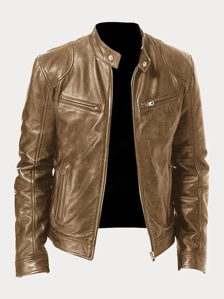Ansel Men's Biker-Cut Jacket with Snap Collar - Khaki