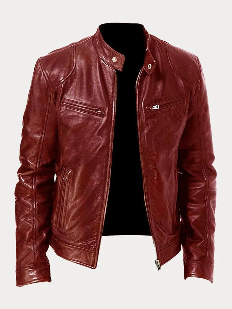 Ansel Men's Biker-Cut Jacket with Snap Collar - Dark Red