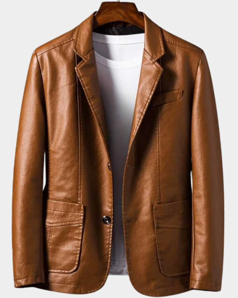 Anthone Men's Leather-Look Blazer Jacket with Notch Lapels - Amber