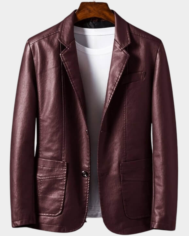 Anthone Men's Leather-Look Blazer Jacket with Notch Lapels - Burgundy