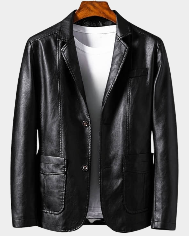 Anthone Men's Leather-Look Blazer Jacket with Notch Lapels - Black