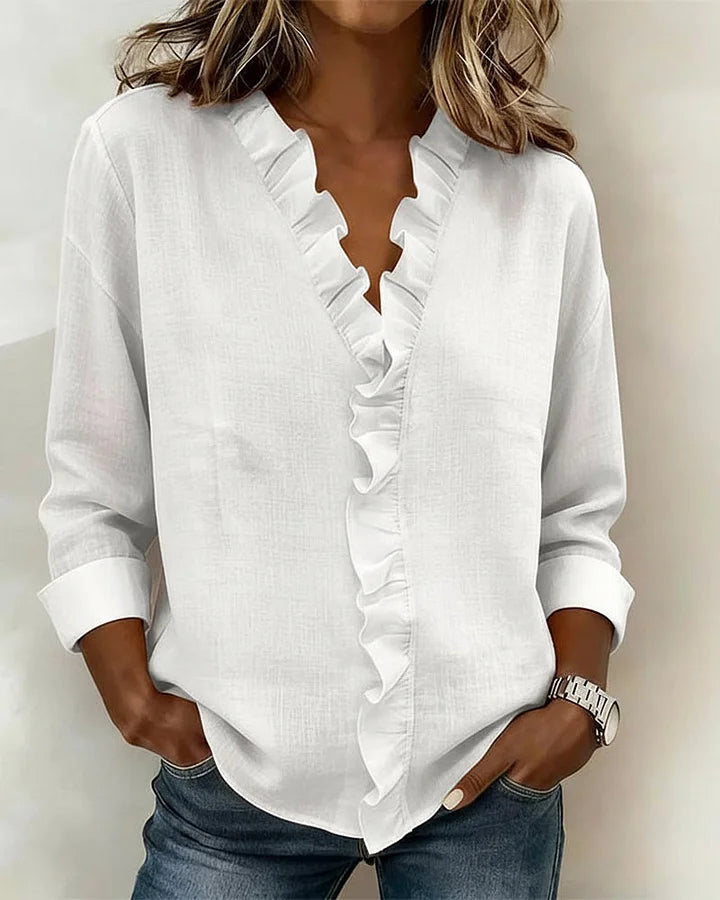 Beatrice V-Neck Blouse with Loose Body and Straight Hem - White
