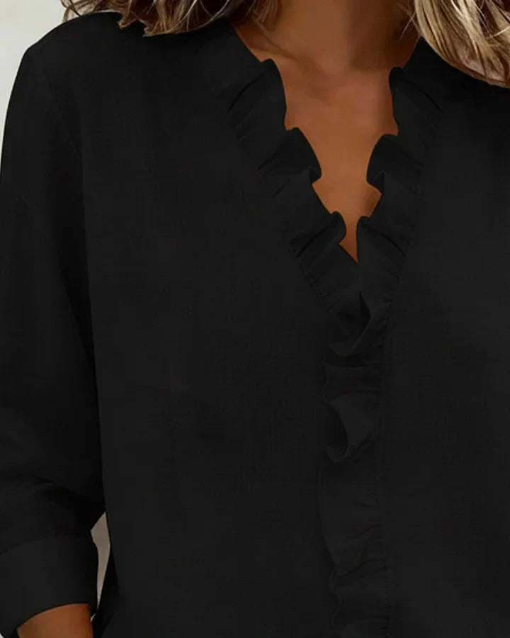 Beatrice V-Neck Blouse with Loose Body and Straight Hem - Black