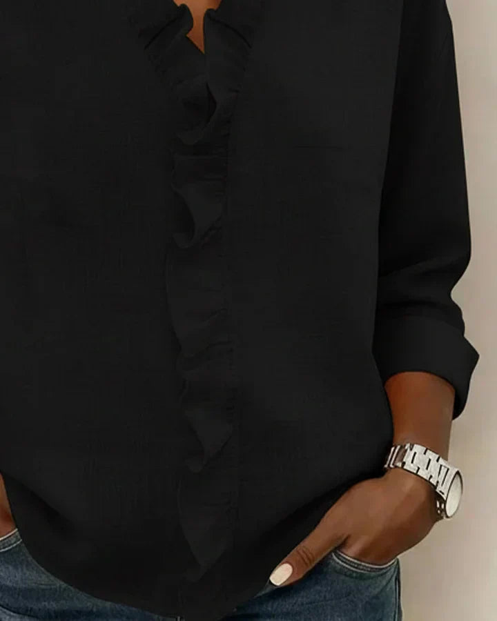 Beatrice V-Neck Blouse with Loose Body and Straight Hem - Black