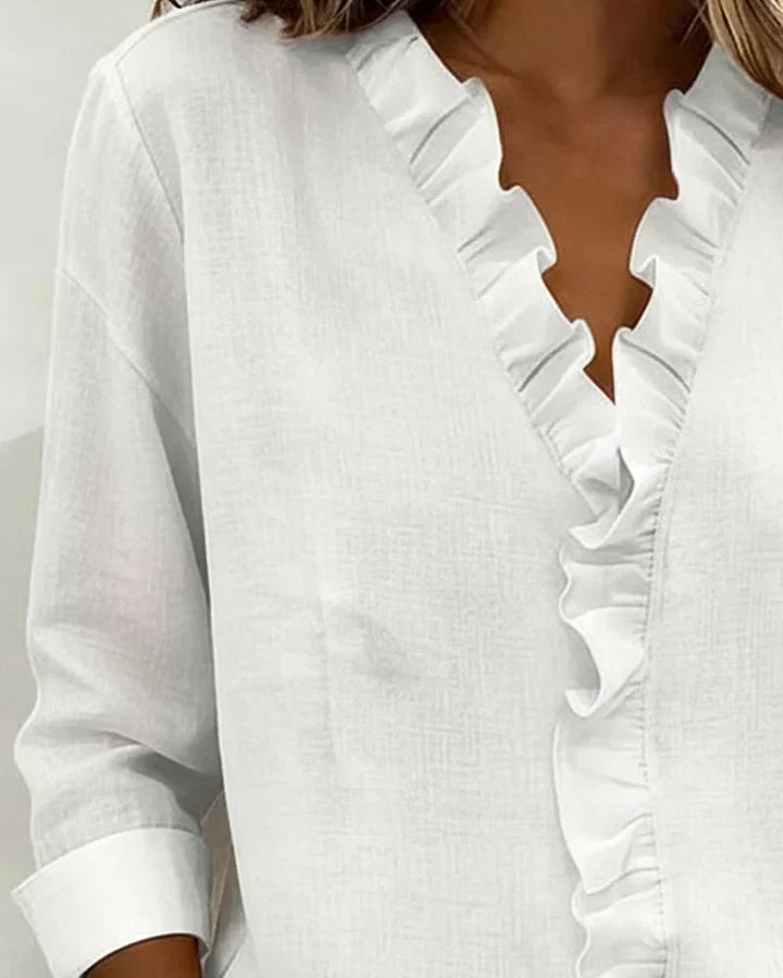 Beatrice V-Neck Blouse with Loose Body and Straight Hem - White