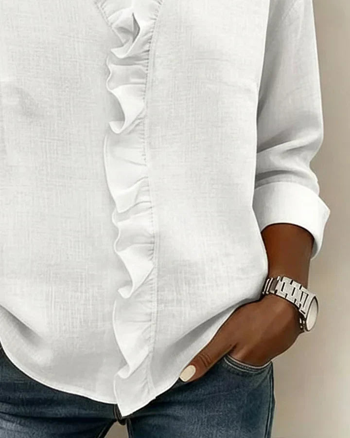 Beatrice V-Neck Blouse with Loose Body and Straight Hem - White