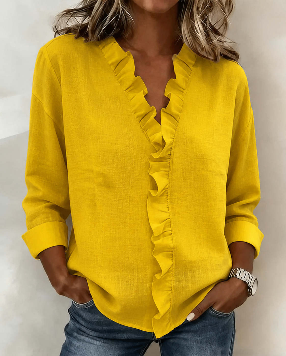 Beatrice V-Neck Blouse with Loose Body and Straight Hem - Yellow