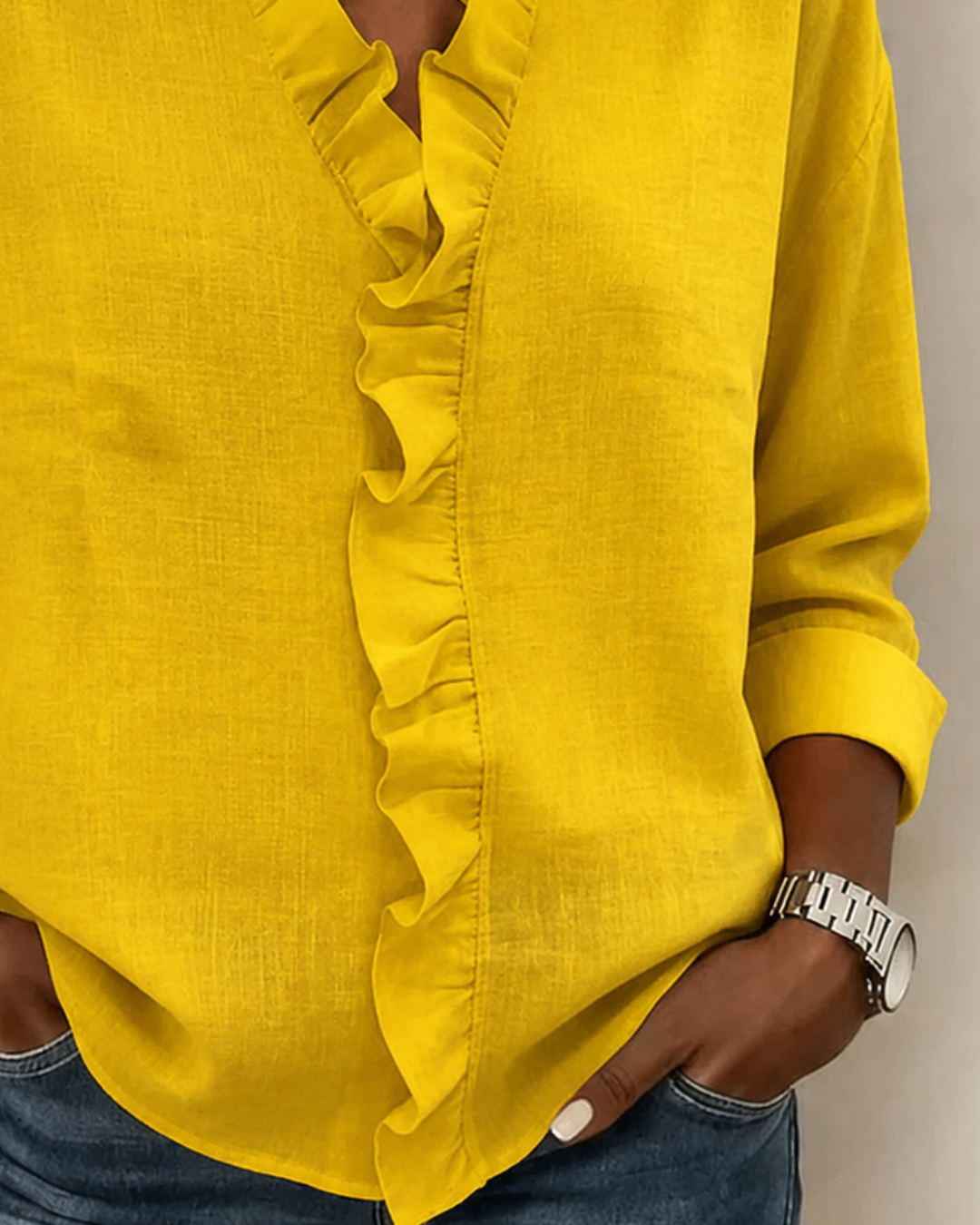 Beatrice V-Neck Blouse with Loose Body and Straight Hem - Yellow