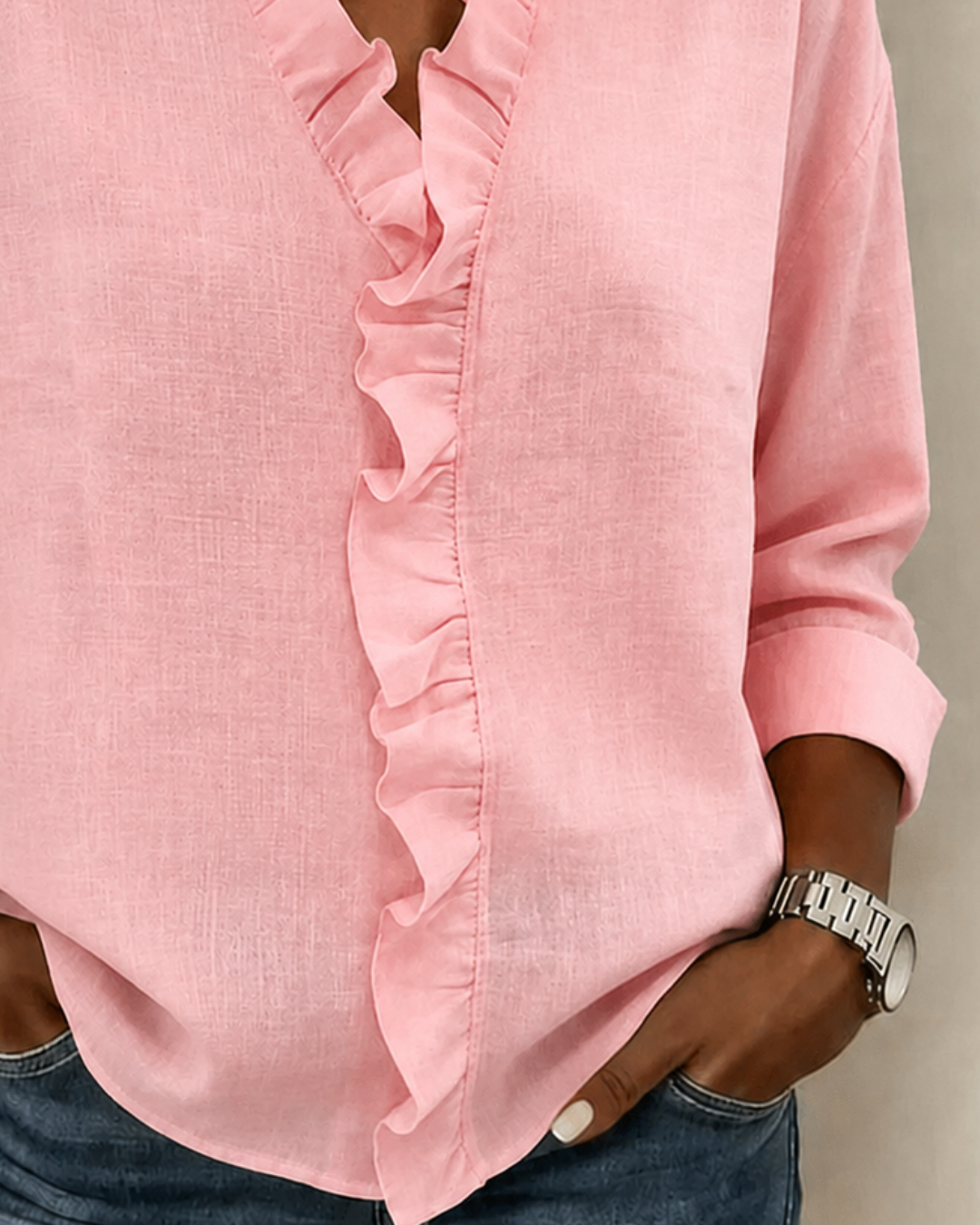 Beatrice V-Neck Blouse with Loose Body and Straight Hem - Pink