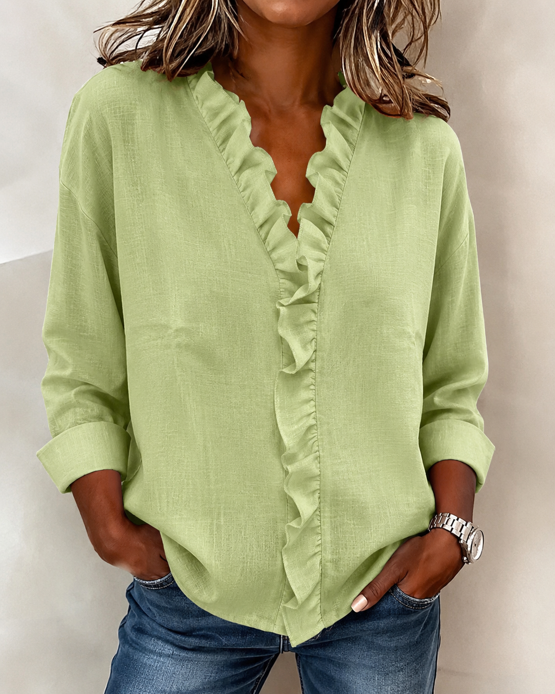 Beatrice V-Neck Blouse with Loose Body and Straight Hem - Mint Green
