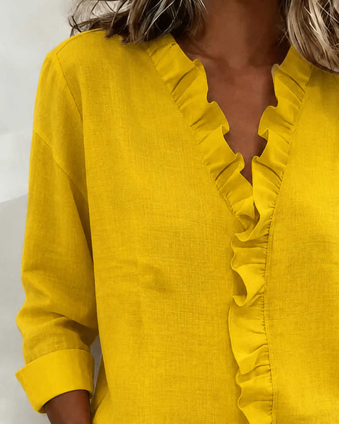 Beatrice V-Neck Blouse with Loose Body and Straight Hem - Yellow