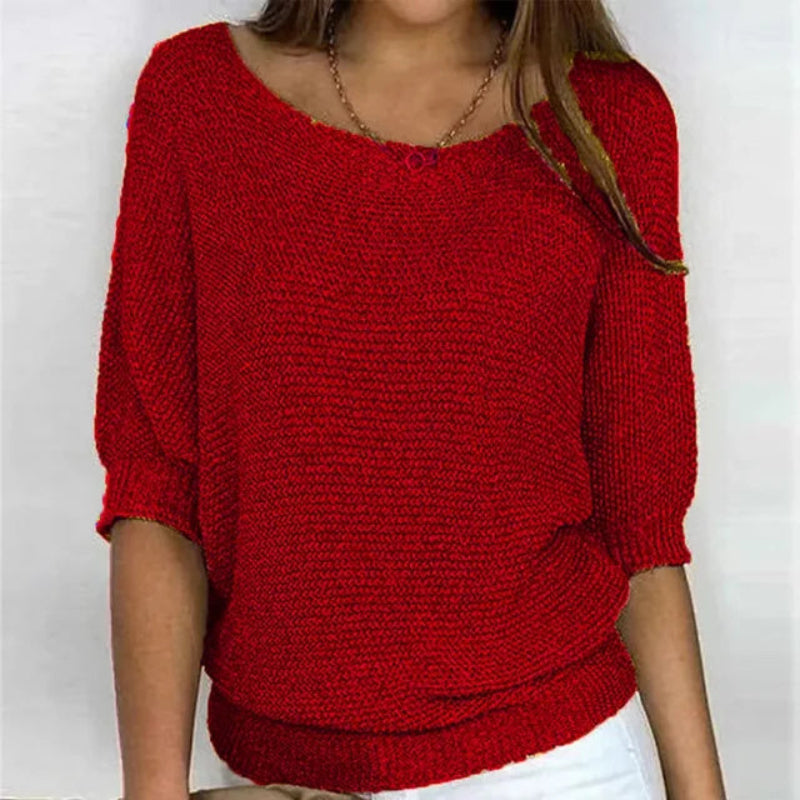 Beatriz Short Sleeve Knit Sweater with Ribbed Hem and Cuffs - Red