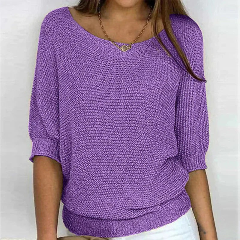 Beatriz Short Sleeve Knit Sweater with Ribbed Hem and Cuffs - Violet