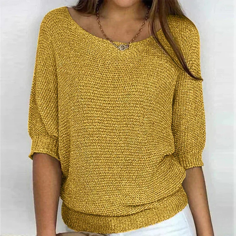 Beatriz Short Sleeve Knit Sweater with Ribbed Hem and Cuffs - Yellow
