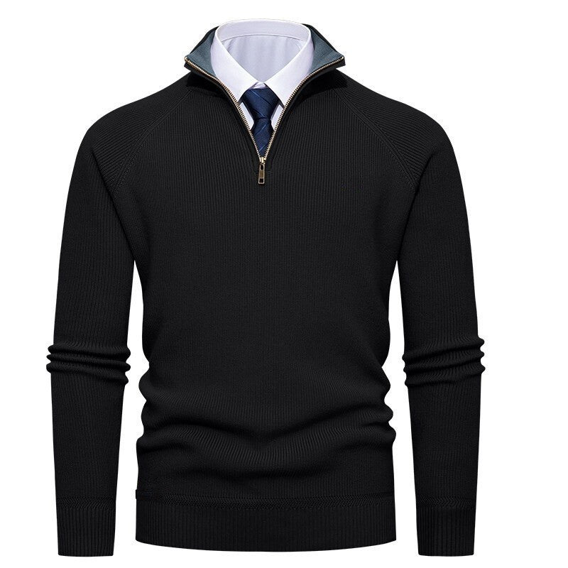 Bernward Men's Ribbed Troyer with Contrast Collar - Black