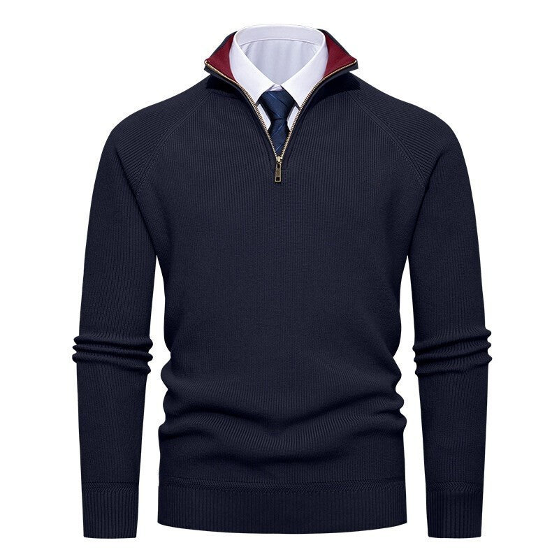 Bernward Men's Ribbed Troyer with Contrast Collar - Navy