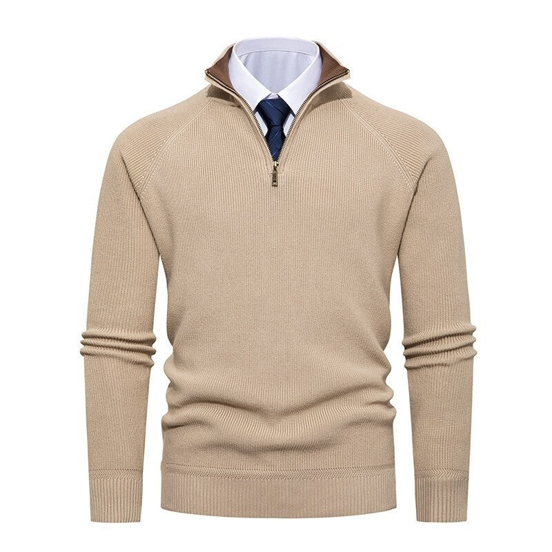 Bernward Men's Ribbed Troyer with Contrast Collar - Khaki