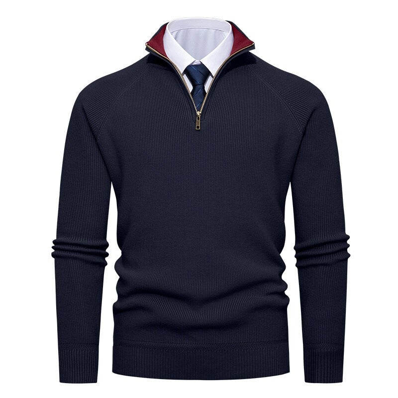 Bernward Men's Ribbed Troyer with Contrast Collar - Navy