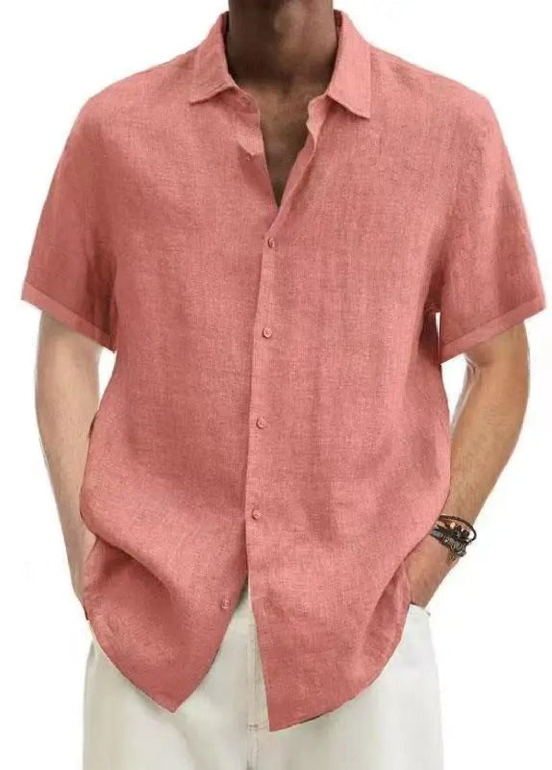 Bryan Men's Short Sleeve Button-Up Shirt with Flat Collar - Coral