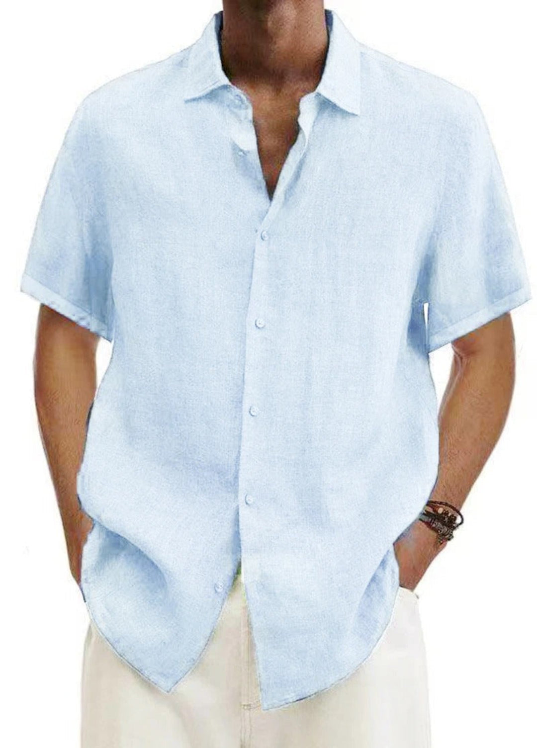 Bryan Men's Short Sleeve Button-Up Shirt with Flat Collar - Light Blue