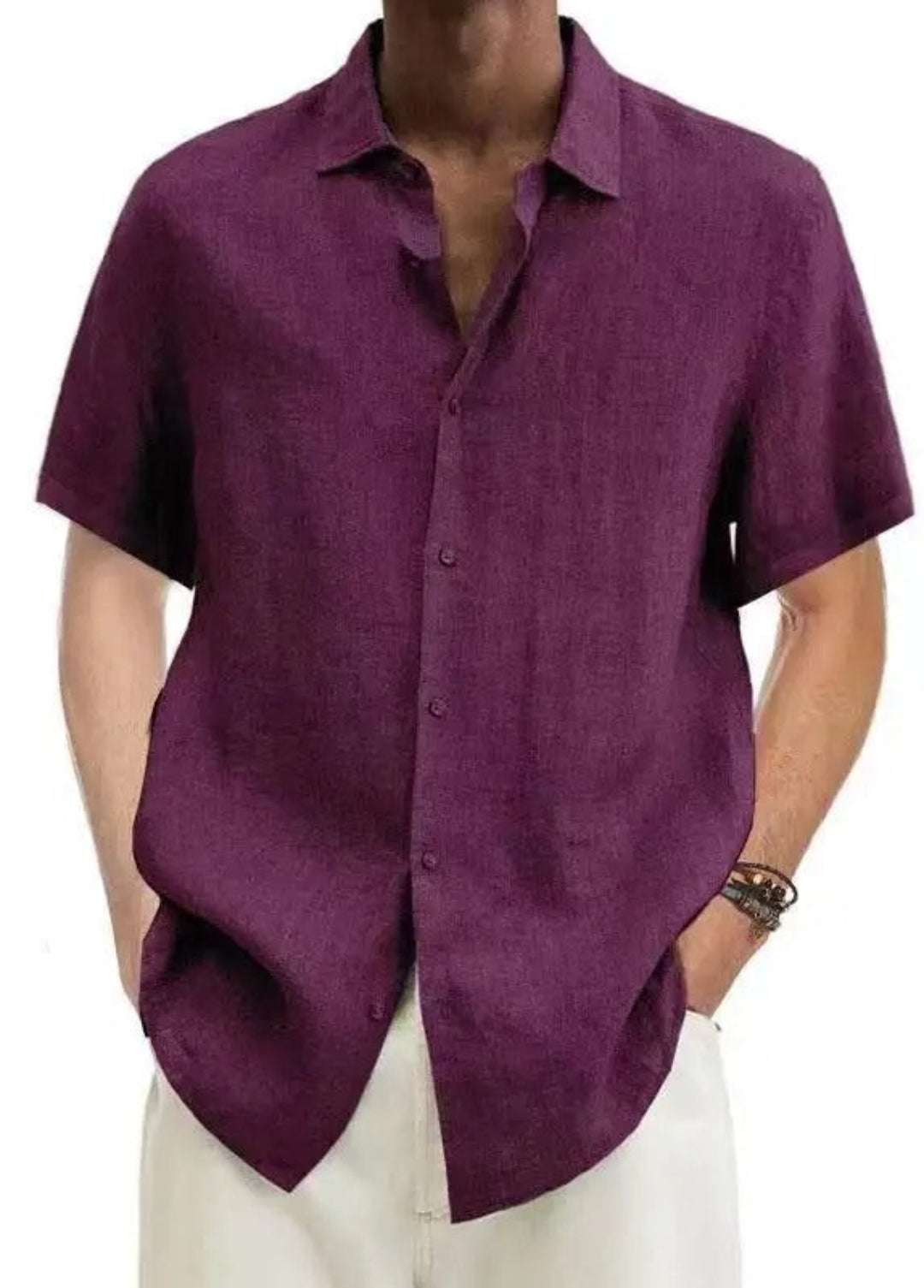Bryan Men's Short Sleeve Button-Up Shirt with Flat Collar - Dark Violet