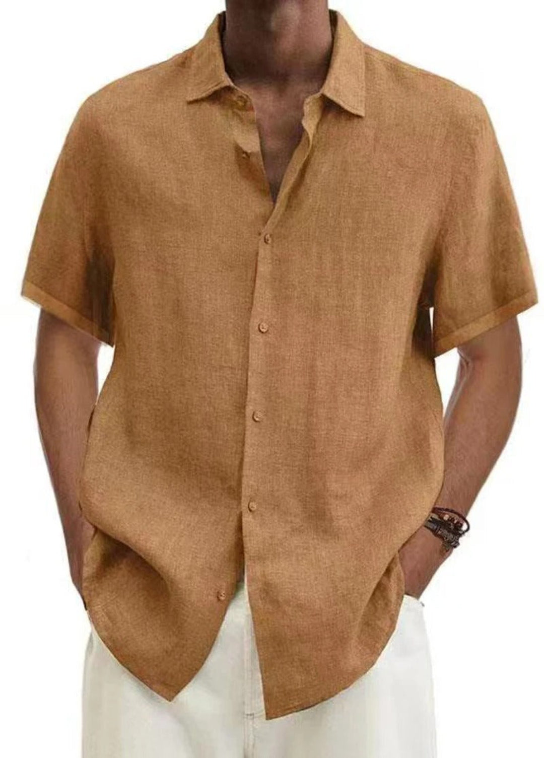 Bryan Men's Short Sleeve Button-Up Shirt with Flat Collar - Camel