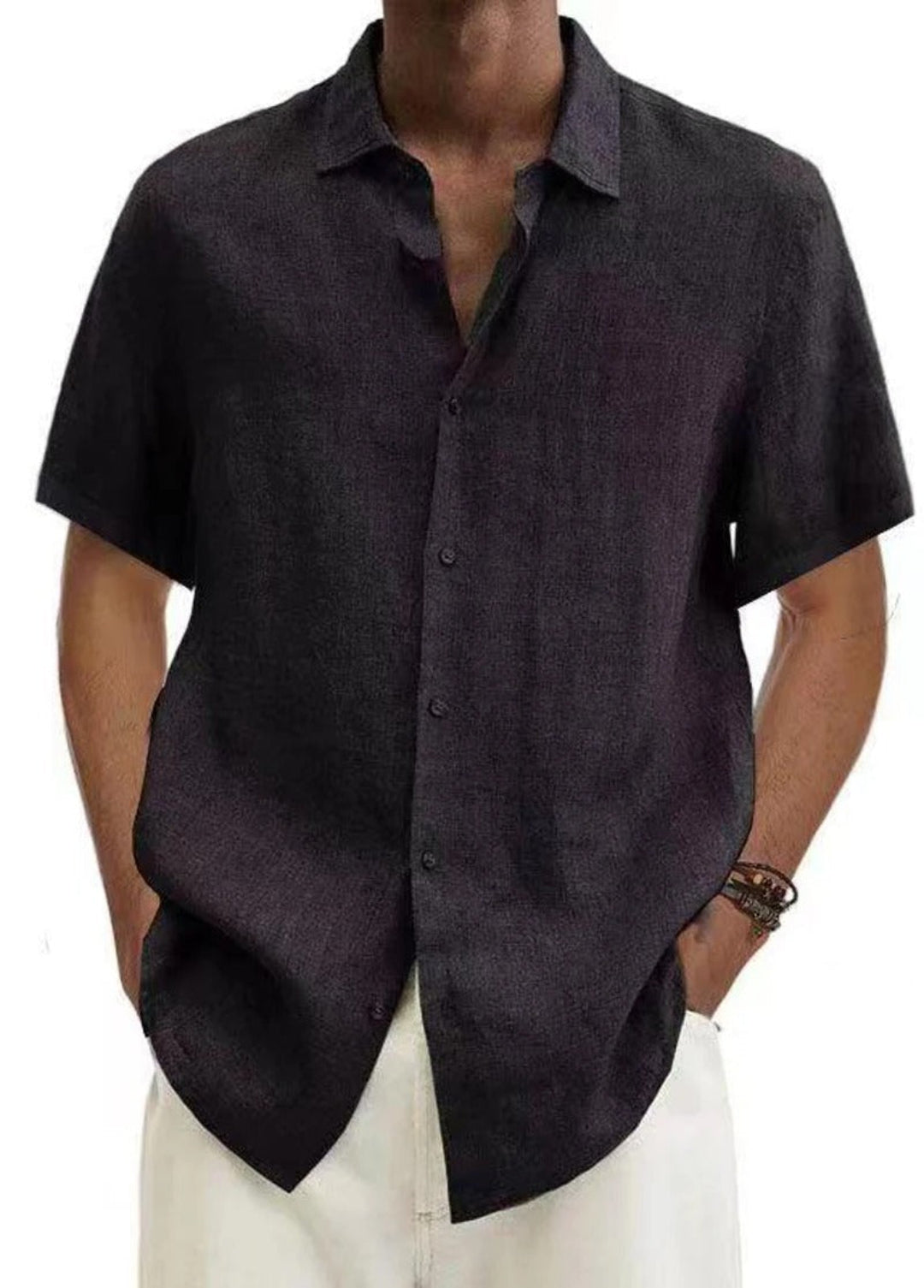 Bryan Men's Short Sleeve Button-Up Shirt with Flat Collar - Black