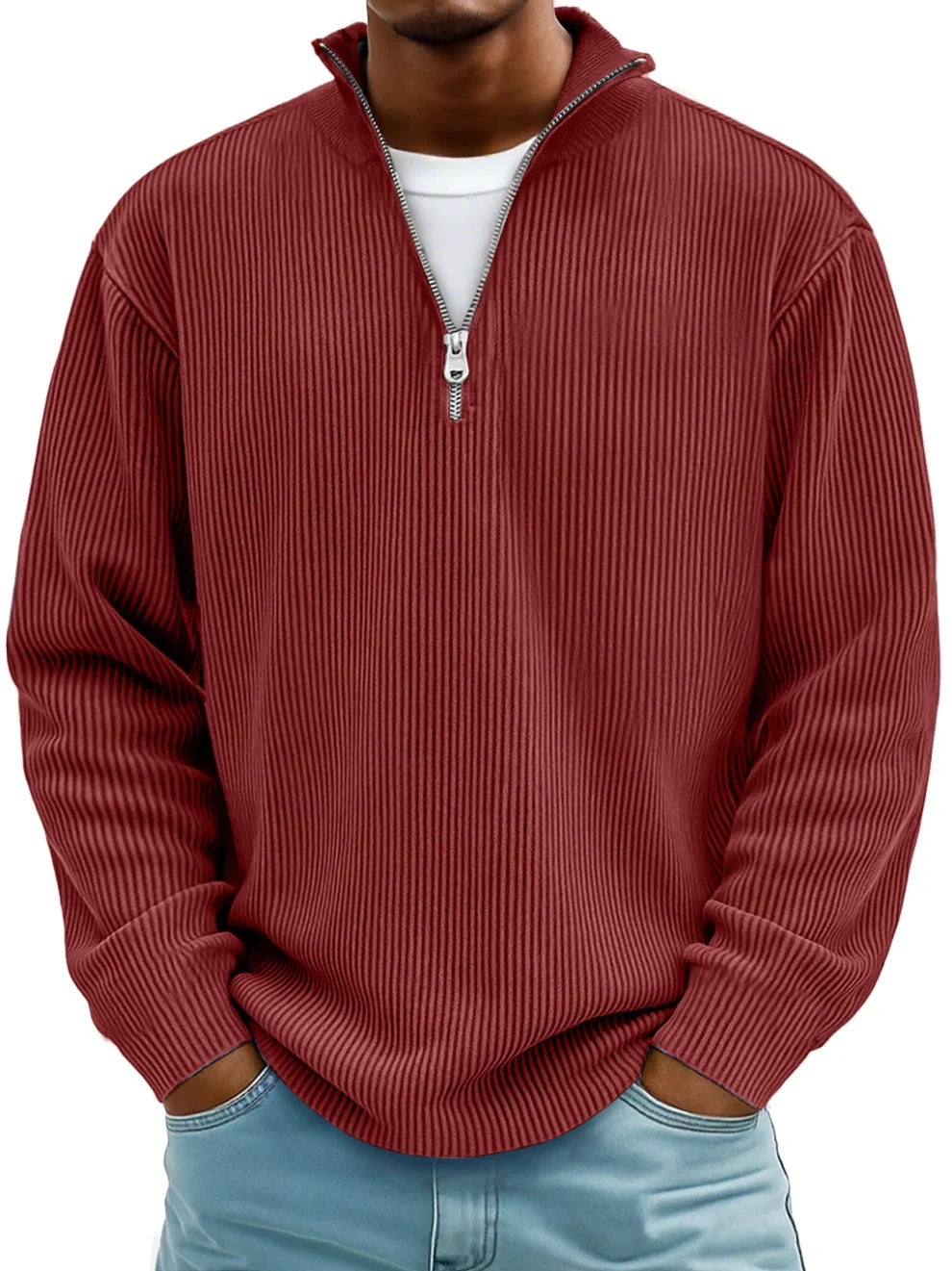 Calixto Men's Half Zip Sweater with Stand Collar - Red