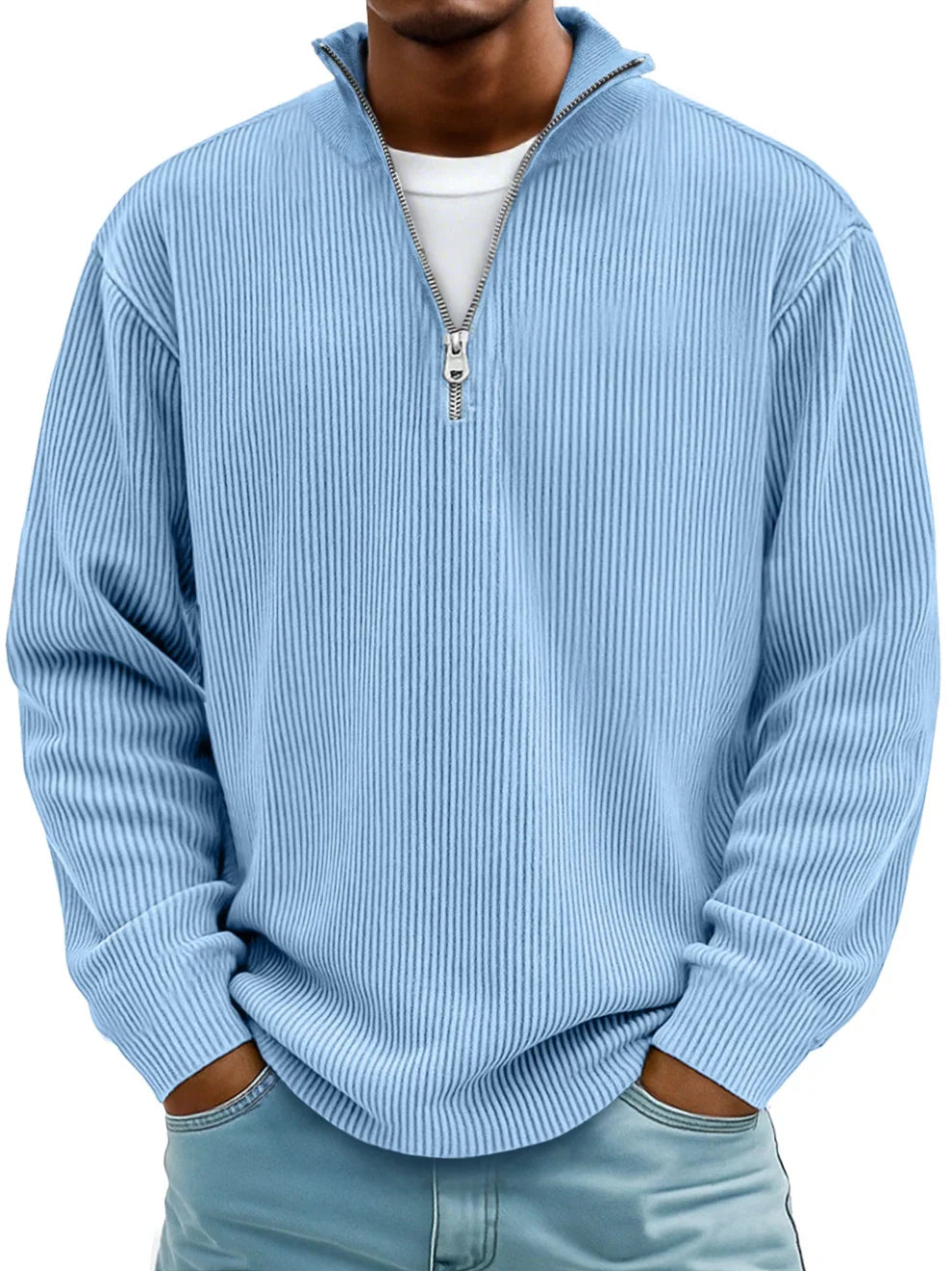 Calixto Men's Half Zip Sweater with Stand Collar - Blue