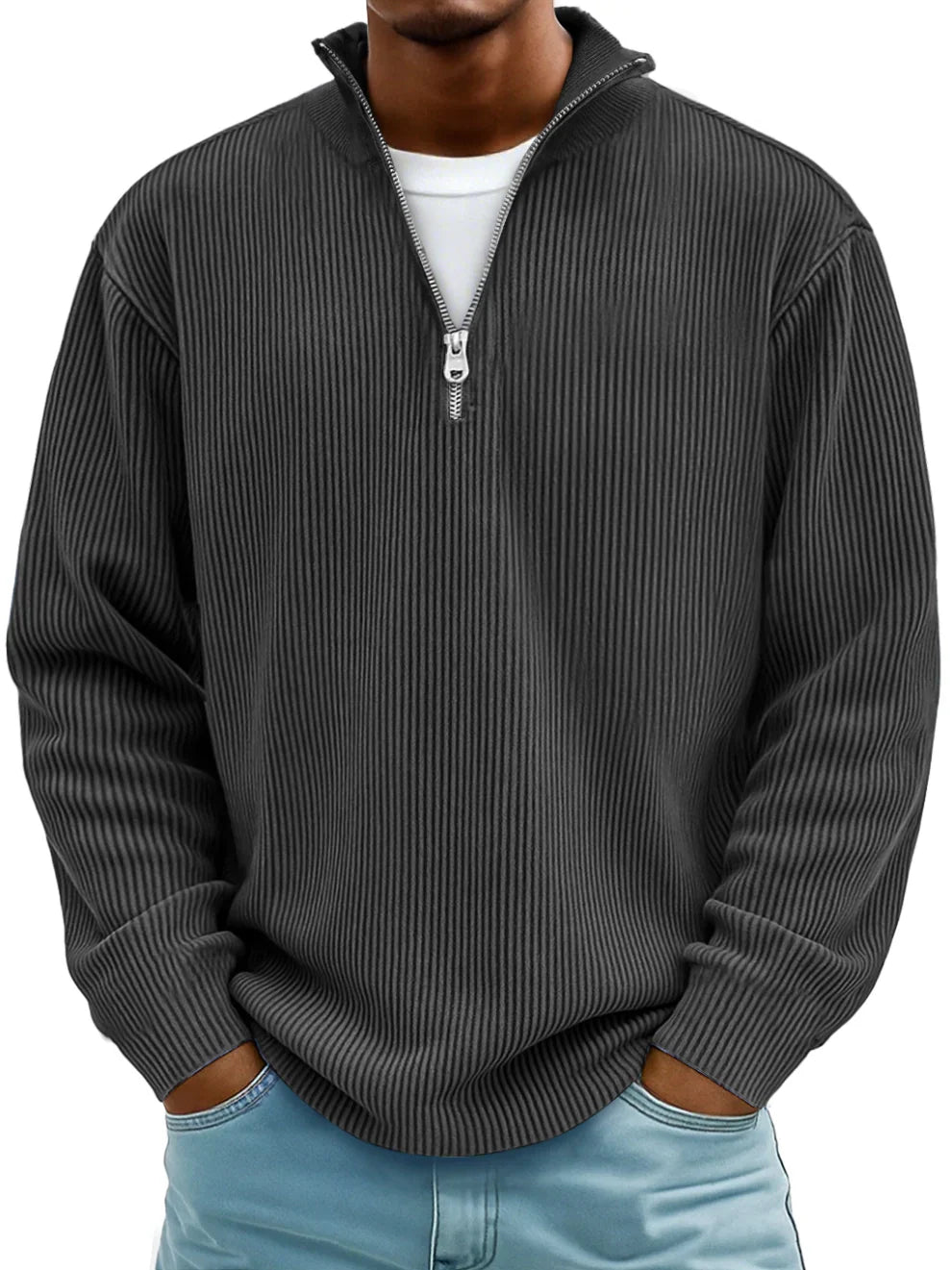 Calixto Men's Half Zip Sweater with Stand Collar - Gray
