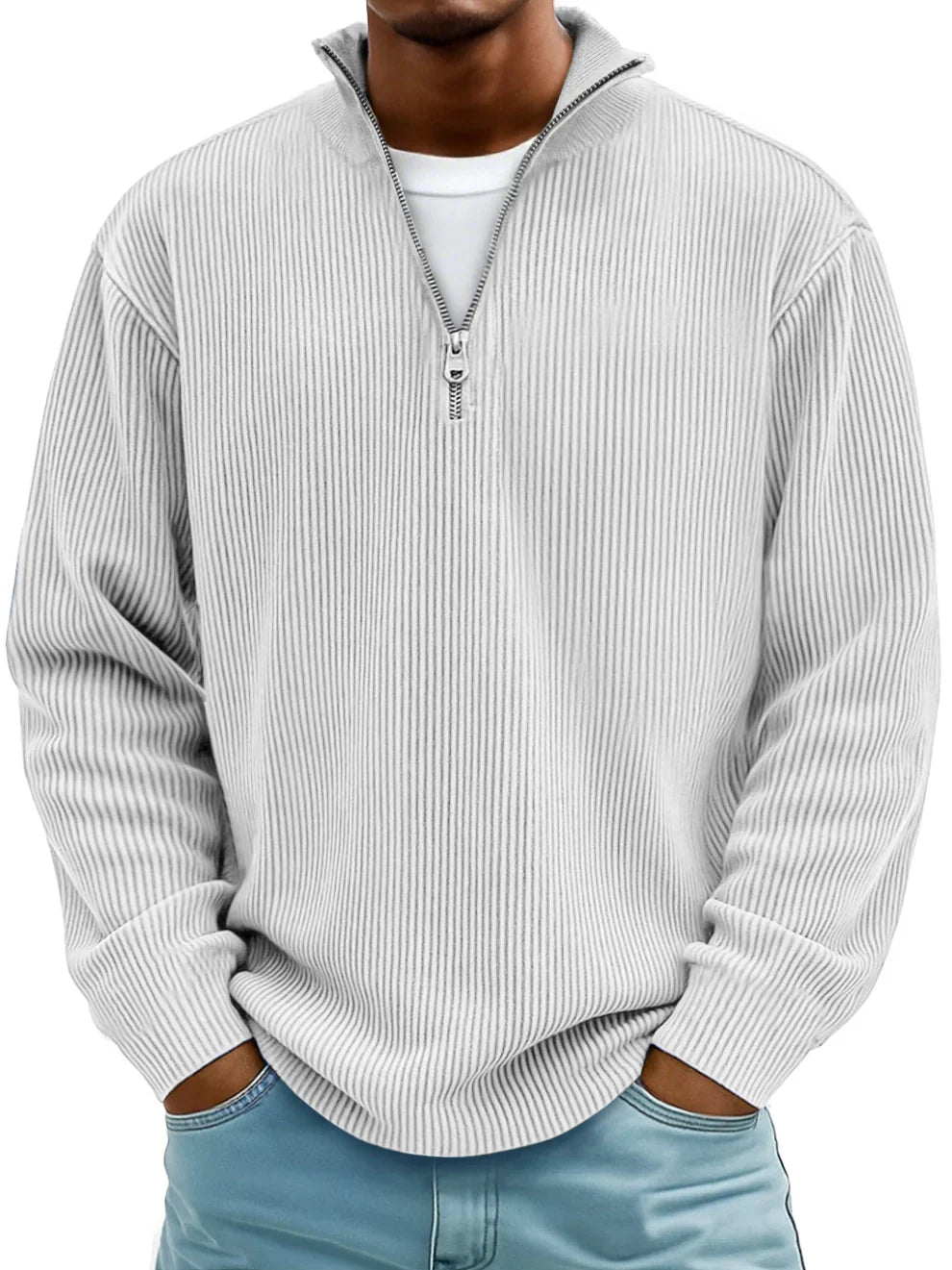 Calixto Men's Half Zip Sweater with Stand Collar - White