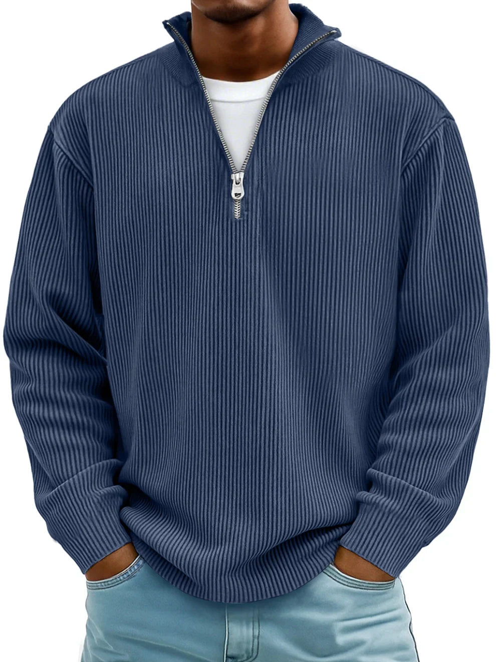 Calixto Men's Half Zip Sweater with Stand Collar - Navy